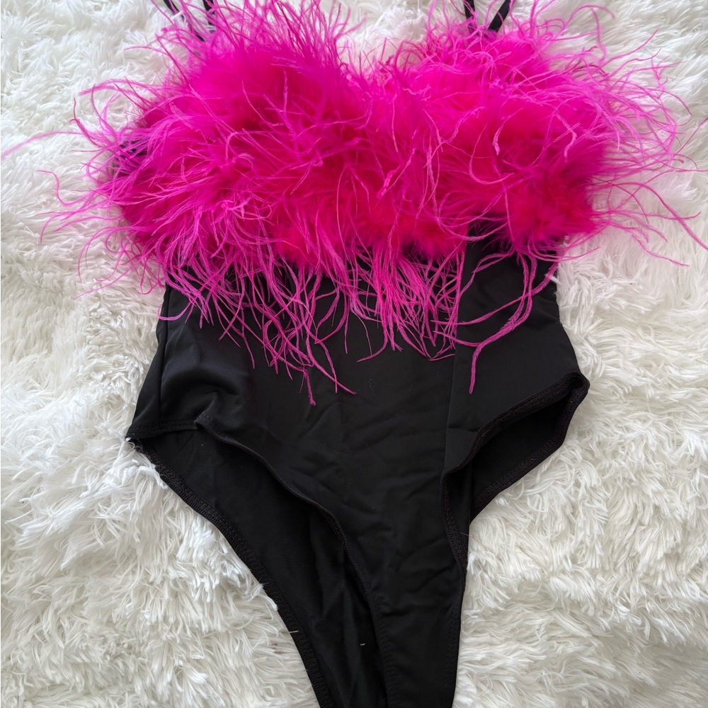 Cute Hot Pink Feather and Black Body suit